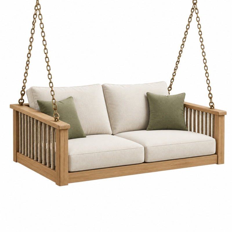 Huśtawka ogrodowa dwuosobowa 150 x 75 x 70 cm z drewna naturalna beżowa wisząca