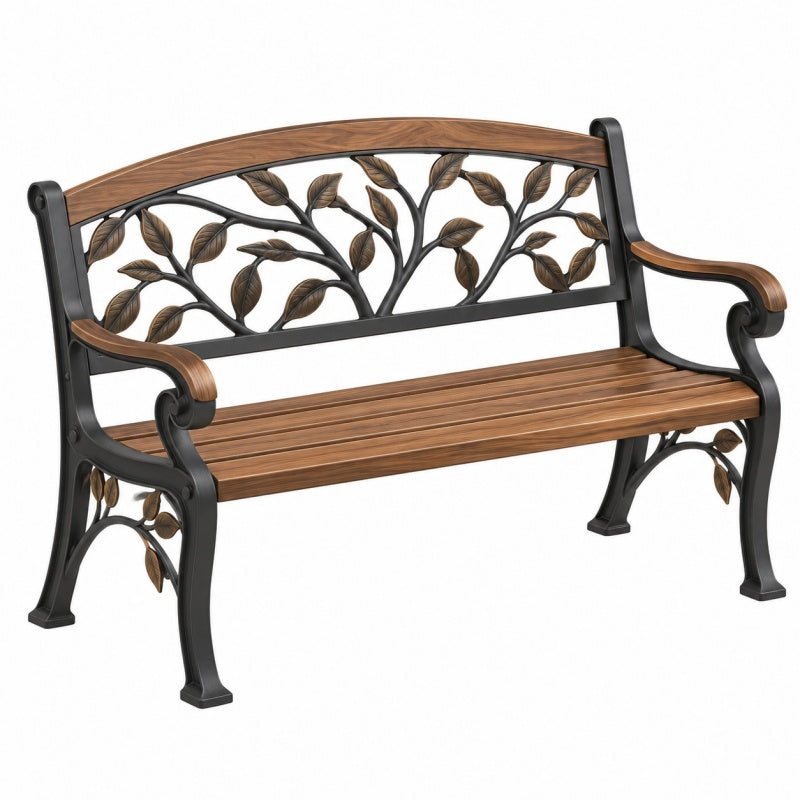 Ławka ogrodowa 125 x 60 x 88 cm metalowa brązowo-czarna z motywem liści