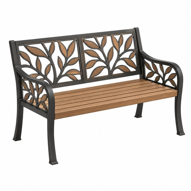 Ławka ogrodowa 122 cm metalowa brązowo-czarna z motywem liści