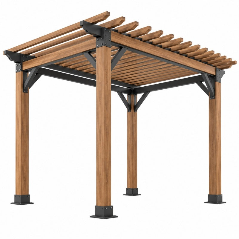 Pergola ogrodowa 300 x 300 x 240 cm z drewna i stali brązowa czarna - ażurowe zadaszenie
