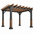 Pergola ogrodowa 300 x 300 x 250 cm z metalu i drewna czarno brązowa z ażurowym zadaszeniem