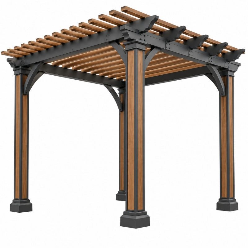 Pergola ogrodowa 300 x 300 x 240 cm stal i drewno brązowa czarna - zadaszenie listwowe