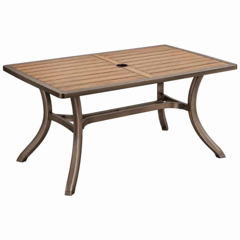 Stół ogrodowy 150 x 90 x 74 cm metalowy brązowy z otworem na parasol klasyczny