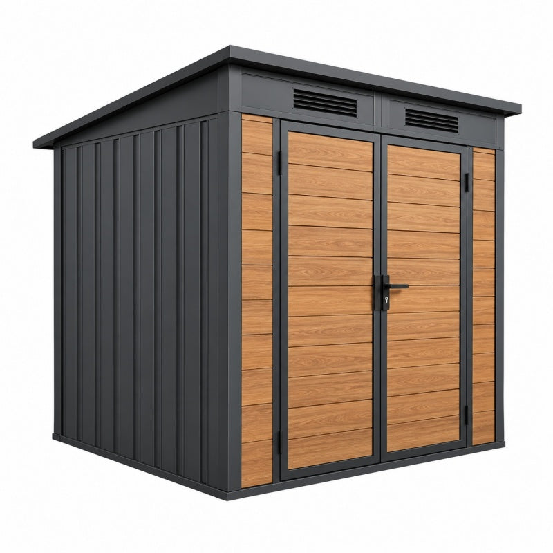 Domek narzędziowy 200 x 150 x 200 cm stalowy antracytowy z panelami w kolorze drewna do ogrodu