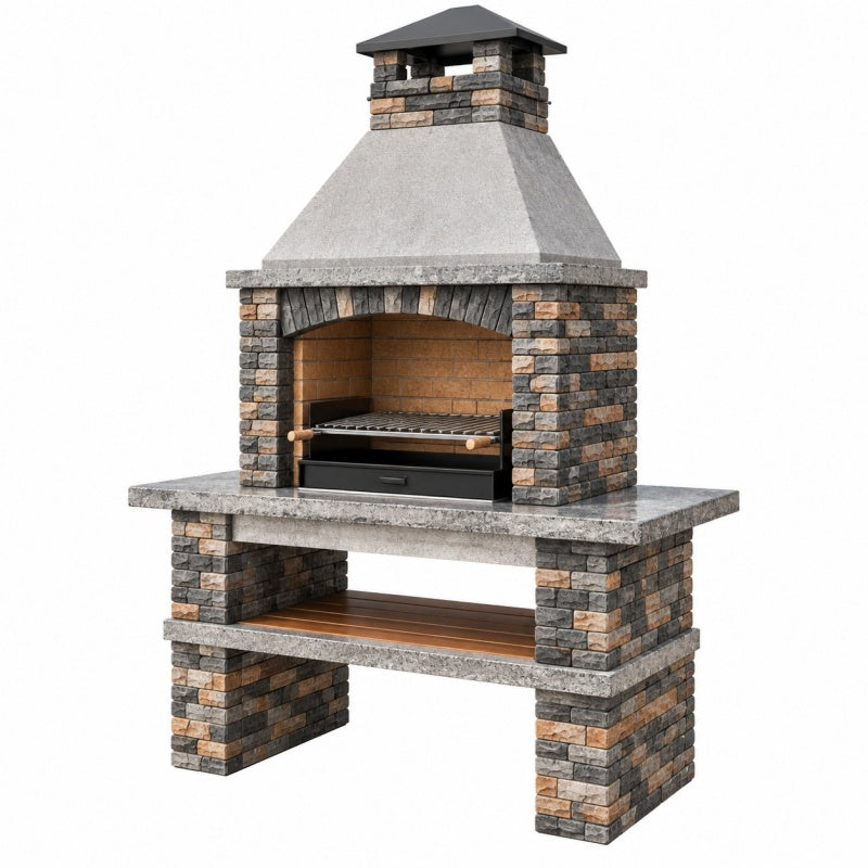 Grill ogrodowy murowany 160 x 80 x 250 cm z kamienia szary z paleniskiem i półką