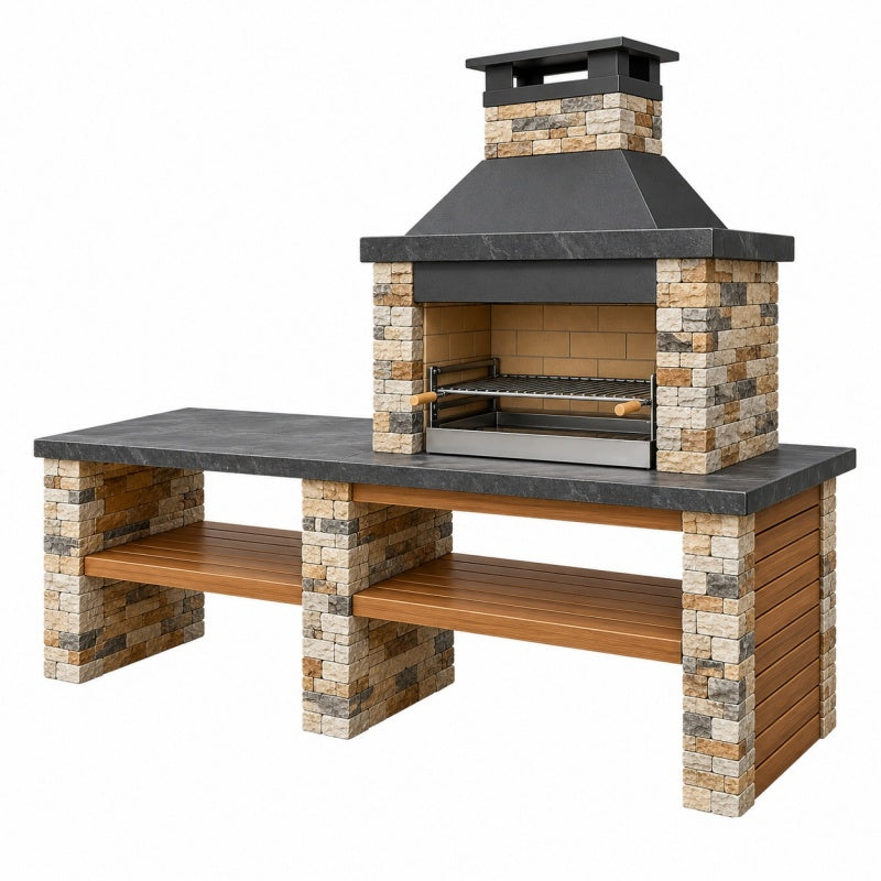 Grill ogrodowy murowany 200 x 70 x 220 cm z kamienia i stali czarny z blatem roboczym
